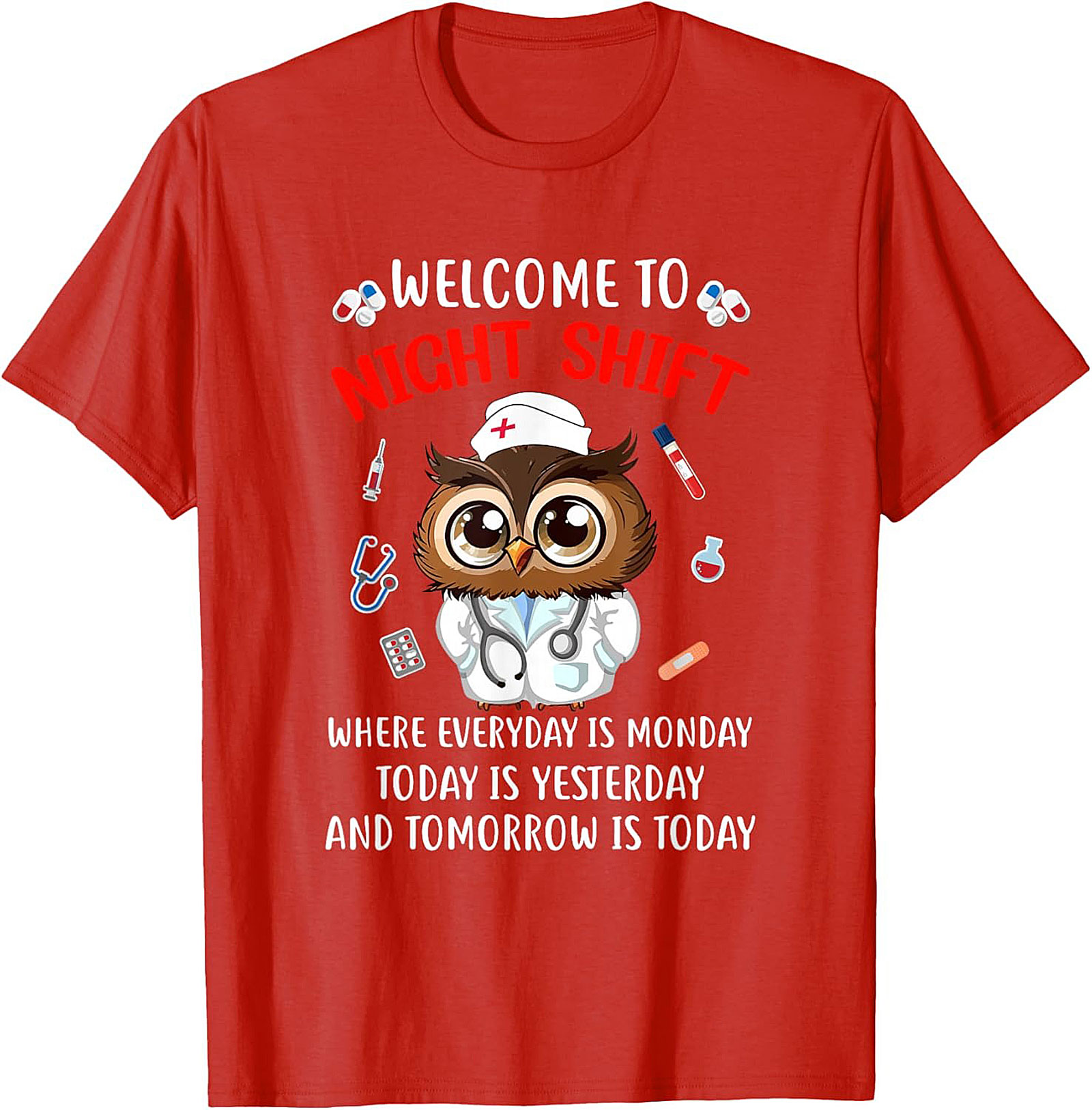 Funny Night Shift Owl Nurse T-Shirt Relatable Graphic Tee