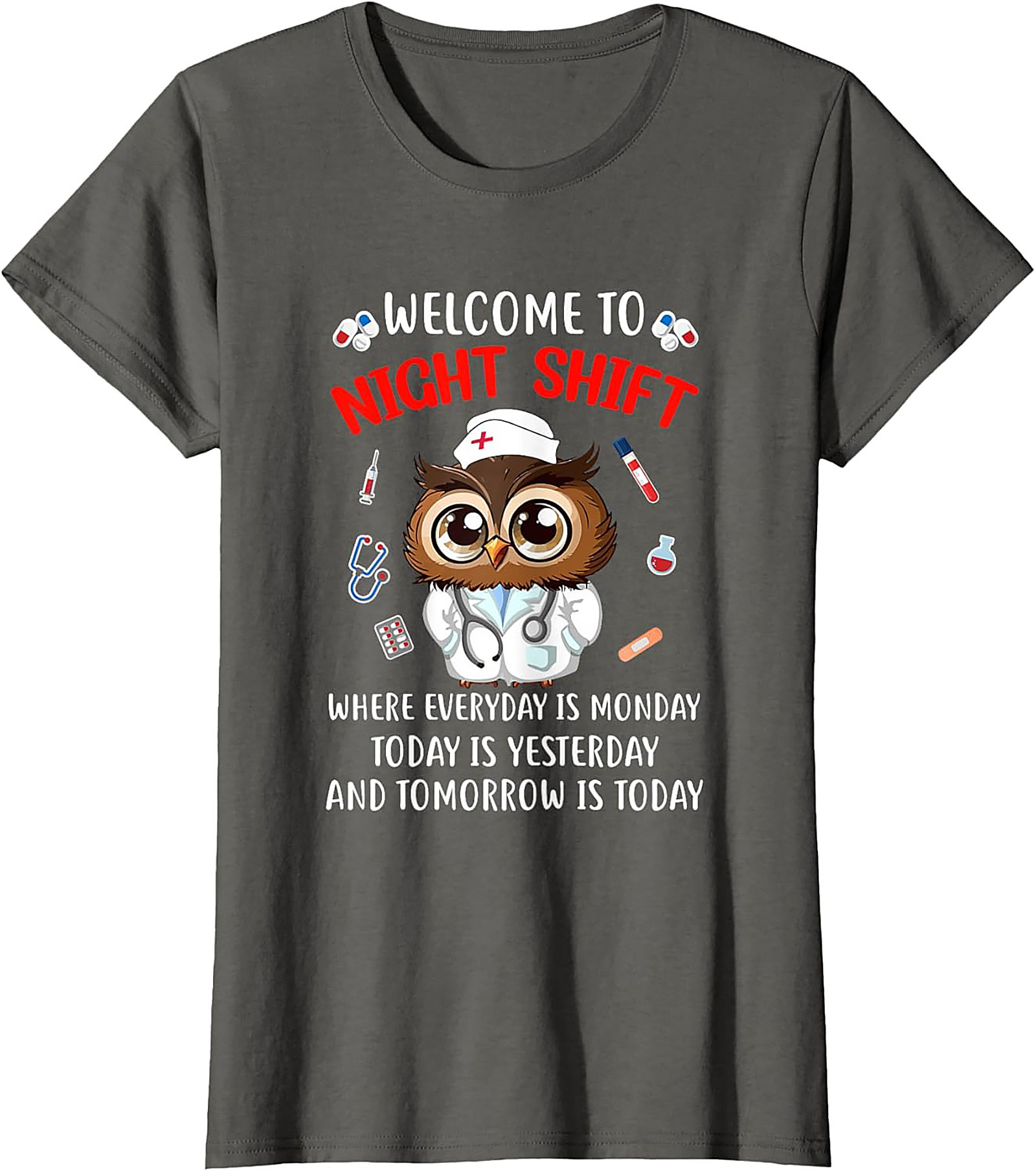 Funny Night Shift Owl Nurse T-Shirt Relatable Graphic Tee