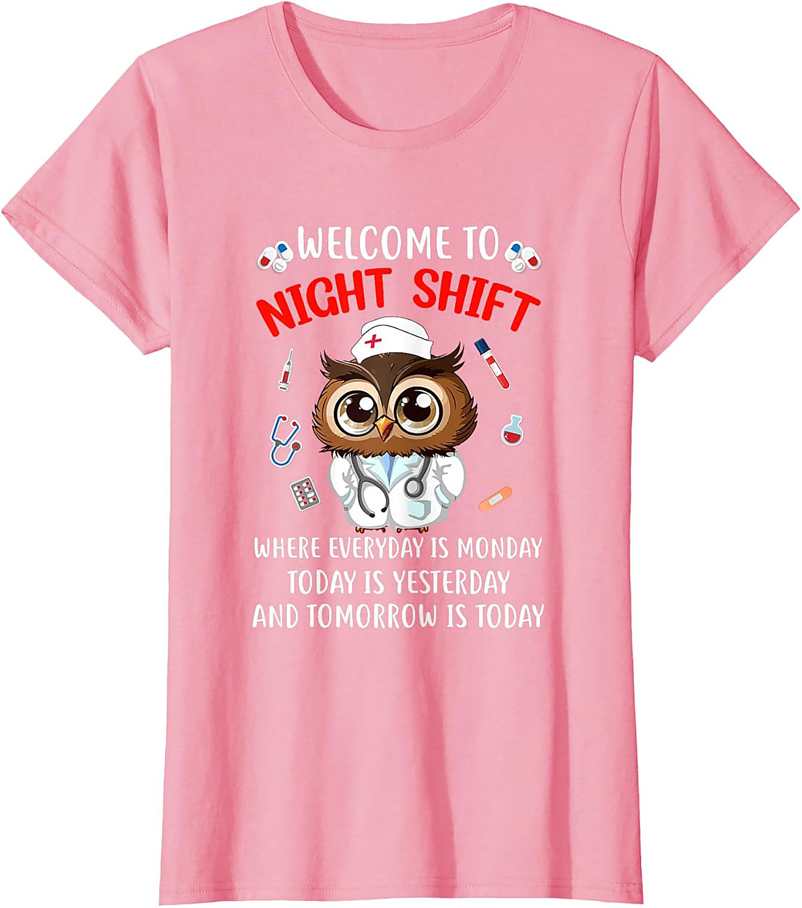 Funny Night Shift Owl Nurse T-Shirt Relatable Graphic Tee