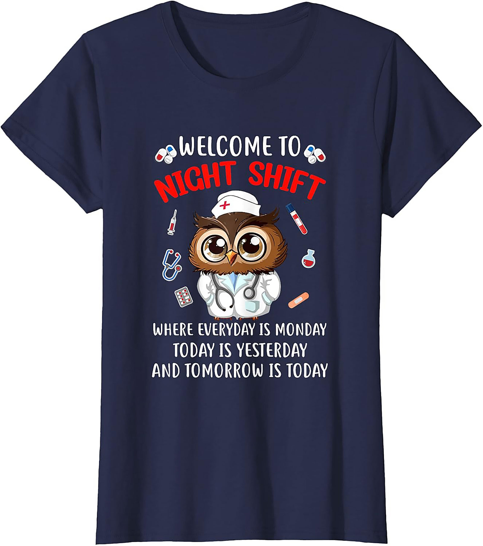 Funny Night Shift Owl Nurse T-Shirt Relatable Graphic Tee