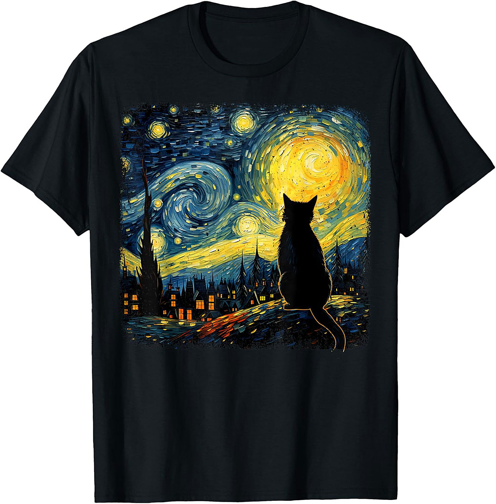 Starry Night Cat T-shirt - Artistic Van Gogh Style Graphic Tee