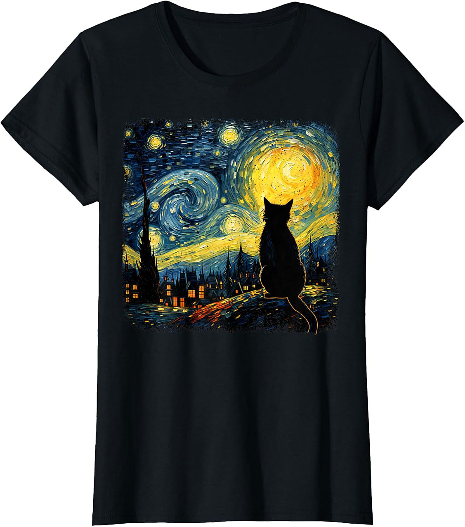 Starry Night Cat T-shirt - Artistic Van Gogh Style Graphic Tee