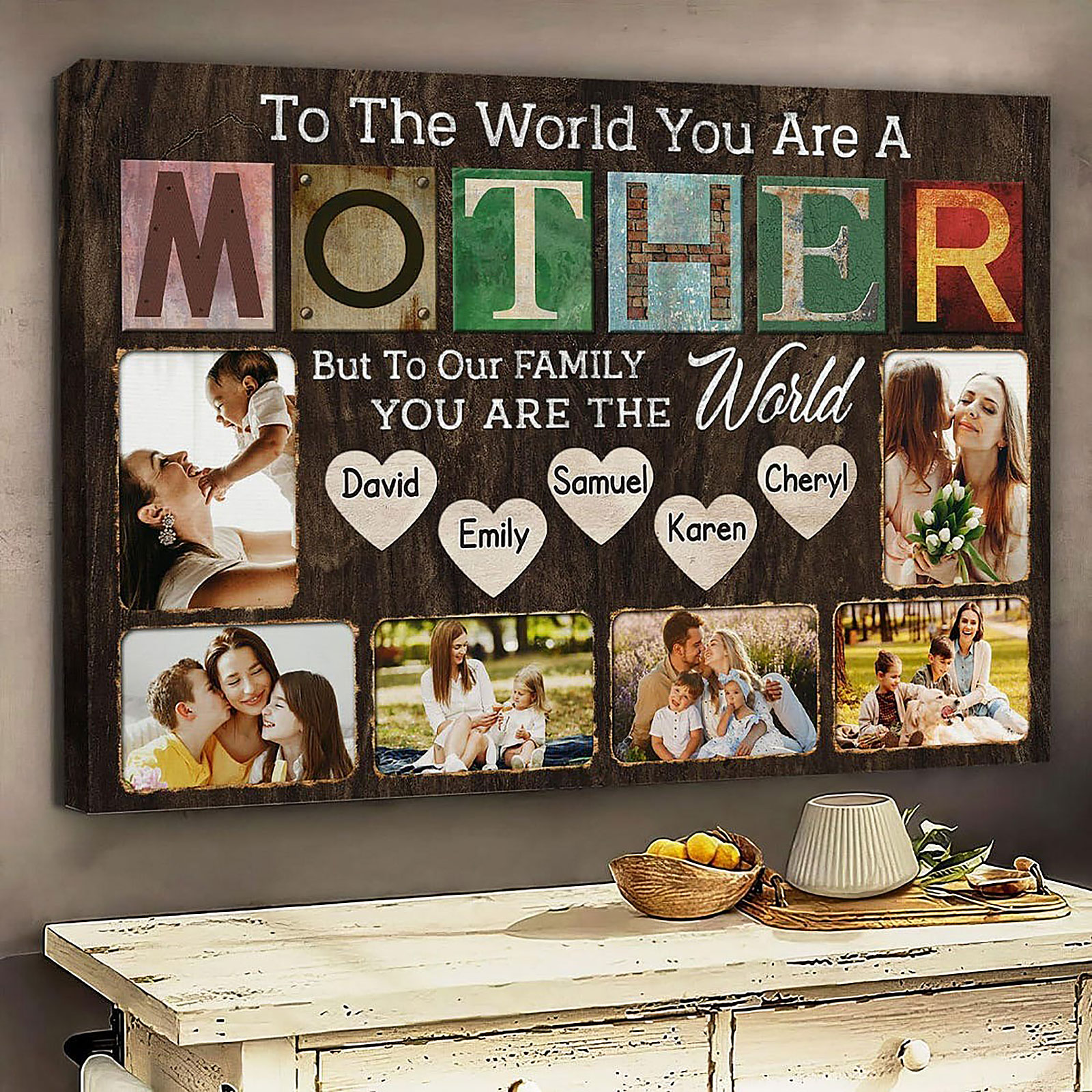 Custom Canvas For Mom, Personalized Mothers Day Gifts, Mom Birthday Gifts Canvas Wall Art, Mother You Are The World, Personalized Mom Canvas