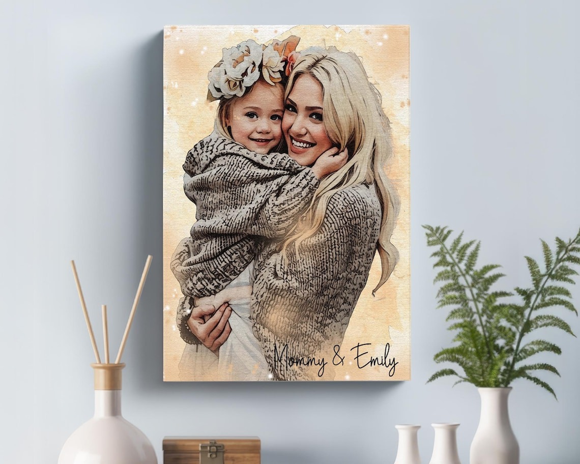 Mother's Day Canvas Gift, Personalized Watercolor Portrait Wall Gifts for New Mom