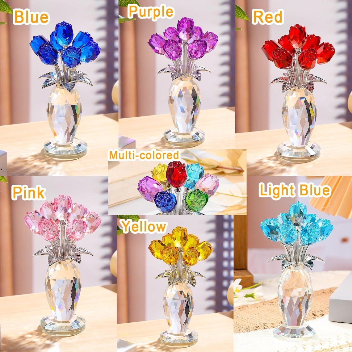 Crystal Rose Flower Ornament, Glass Rose Bouquet, Crystal Decor for Home, Crystal Glass Flower Gift for Mother's Day, anniversary, birthday