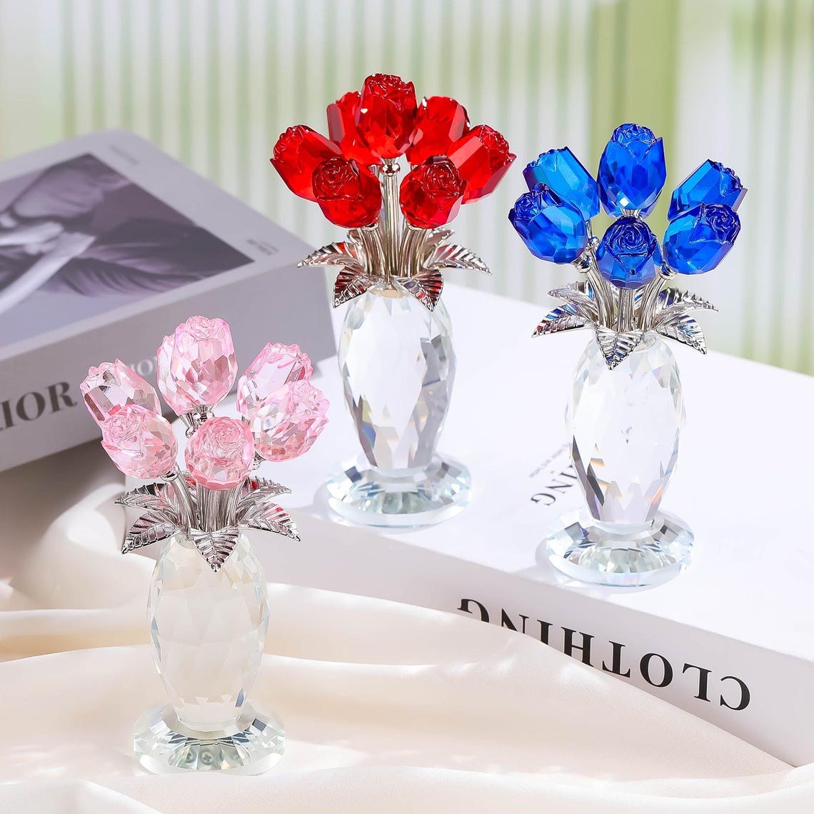 Crystal Rose Flower Ornament, Glass Rose Bouquet, Crystal Decor for Home, Crystal Glass Flower Gift for Mother's Day, anniversary, birthday