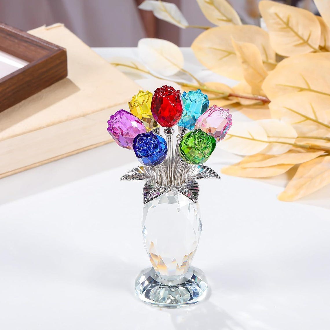 Crystal Rose Flower Ornament, Glass Rose Bouquet, Crystal Decor for Home, Crystal Glass Flower Gift for Mother's Day, anniversary, birthday