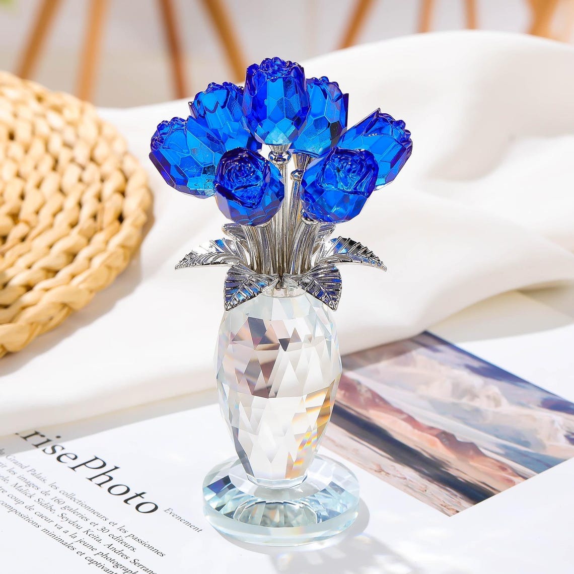 Crystal Rose Flower Ornament, Glass Rose Bouquet, Crystal Decor for Home, Crystal Glass Flower Gift for Mother's Day, anniversary, birthday