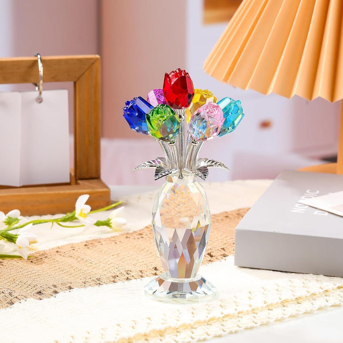 Crystal Rose Flower Ornament, Glass Rose Bouquet, Crystal Decor for Home, Crystal Glass Flower Gift for Mother's Day, anniversary, birthday