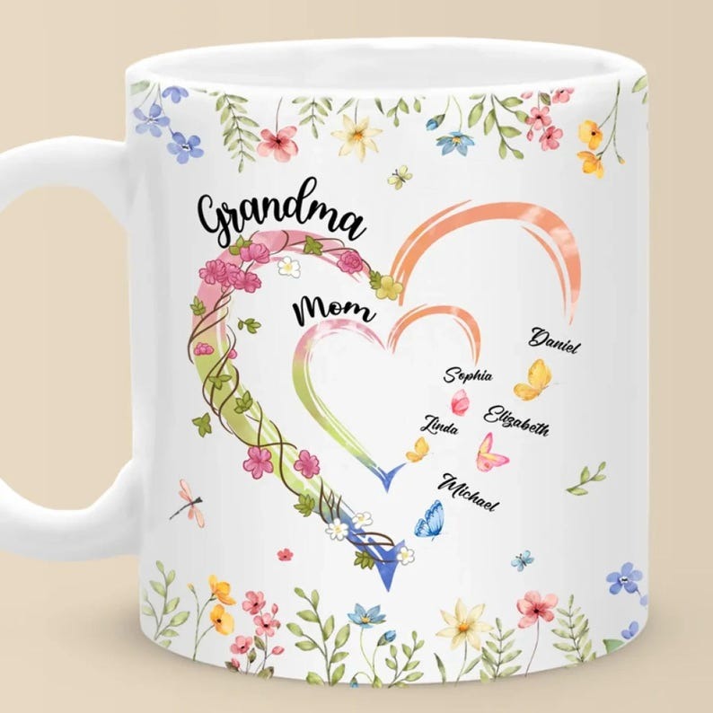 Personalized Grandma Mug with Kids Names, Custom Grandma Heart Coffee Mug, Gift for Grandma, Mom and Grandma Gift