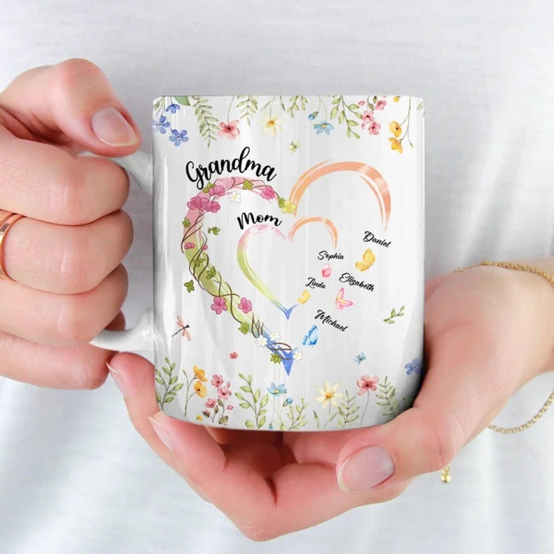 Personalized Grandma Mug with Kids Names, Custom Grandma Heart Coffee Mug, Gift for Grandma, Mom and Grandma Gift