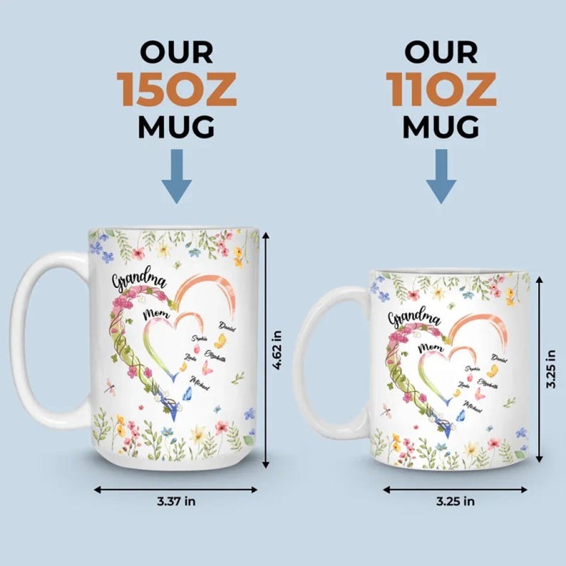 Personalized Grandma Mug with Kids Names, Custom Grandma Heart Coffee Mug, Gift for Grandma, Mom and Grandma Gift