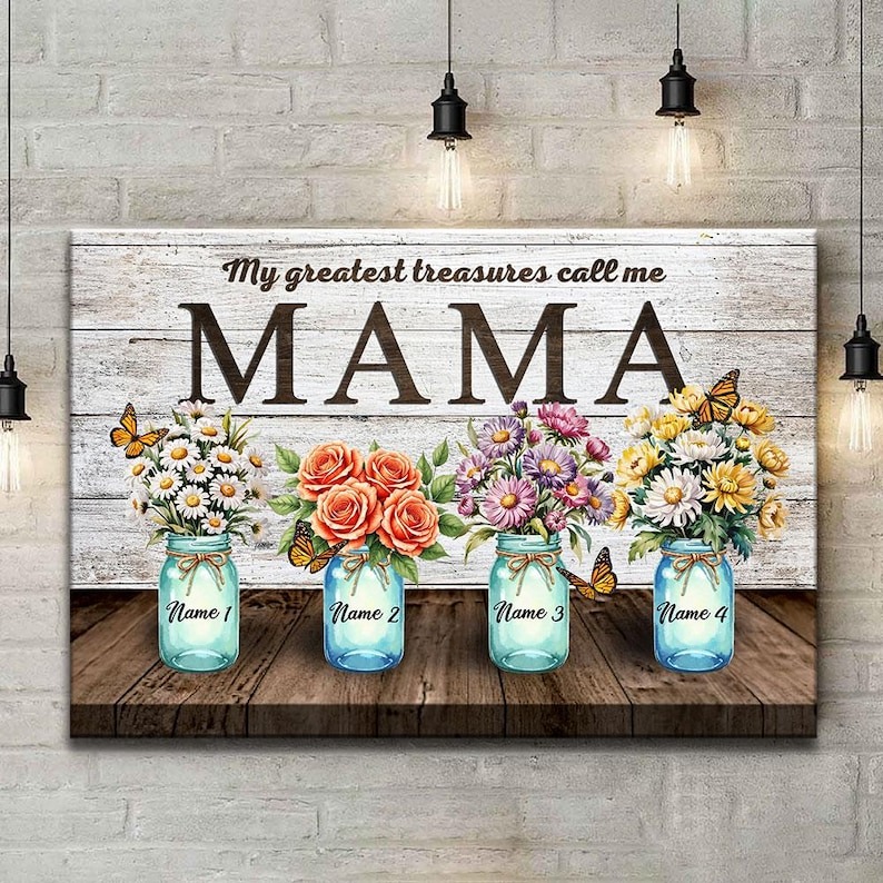 Rustic Mama Canvas with Personalized Mason Jars and Flowers, Custom Name for Mom, Floral Gift for Mother's Day, Birthday