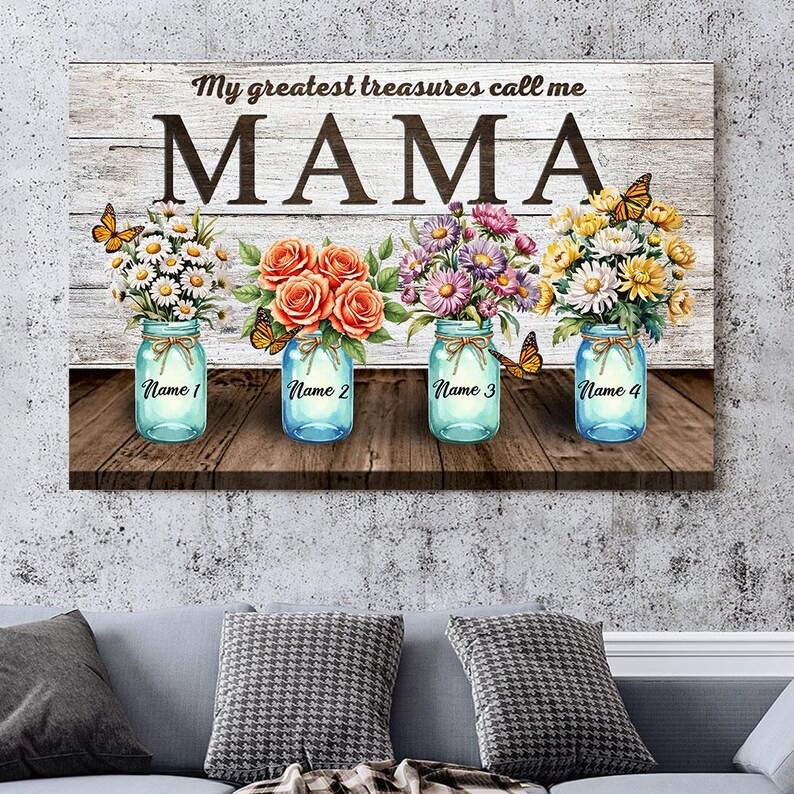 Rustic Mama Canvas with Personalized Mason Jars and Flowers, Custom Name for Mom, Floral Gift for Mother's Day, Birthday