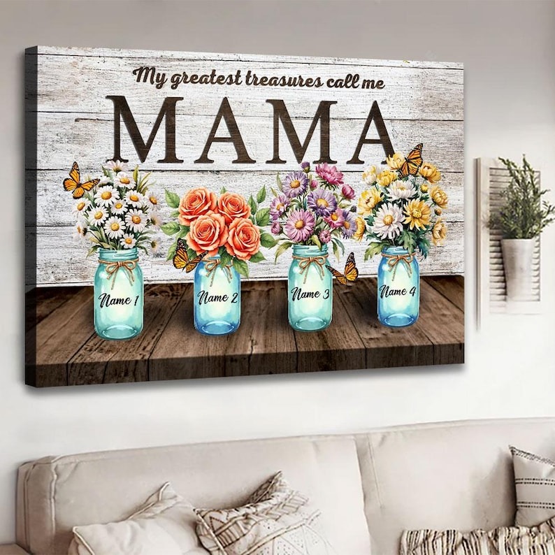 Rustic Mama Canvas with Personalized Mason Jars and Flowers, Custom Name for Mom, Floral Gift for Mother's Day, Birthday