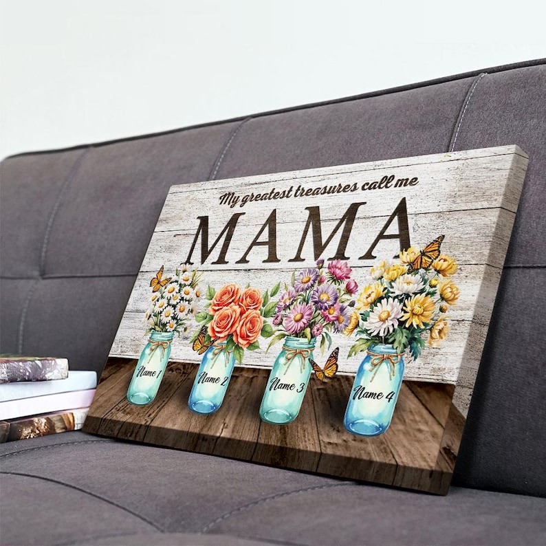 Rustic Mama Canvas with Personalized Mason Jars and Flowers, Custom Name for Mom, Floral Gift for Mother's Day, Birthday