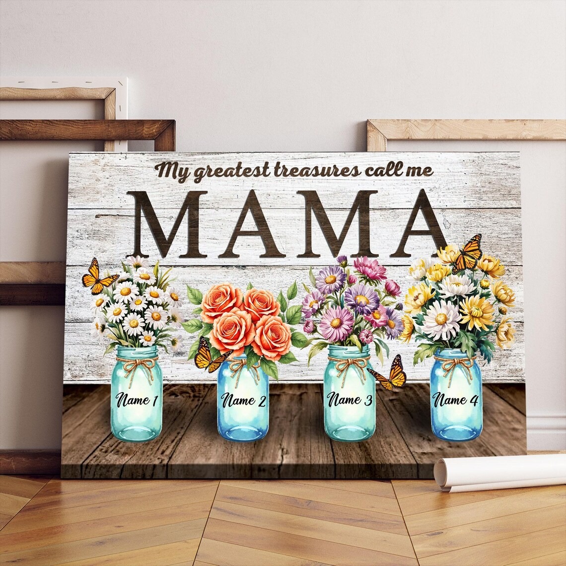 Rustic Mama Canvas with Personalized Mason Jars and Flowers, Custom Name for Mom, Floral Gift for Mother's Day, Birthday