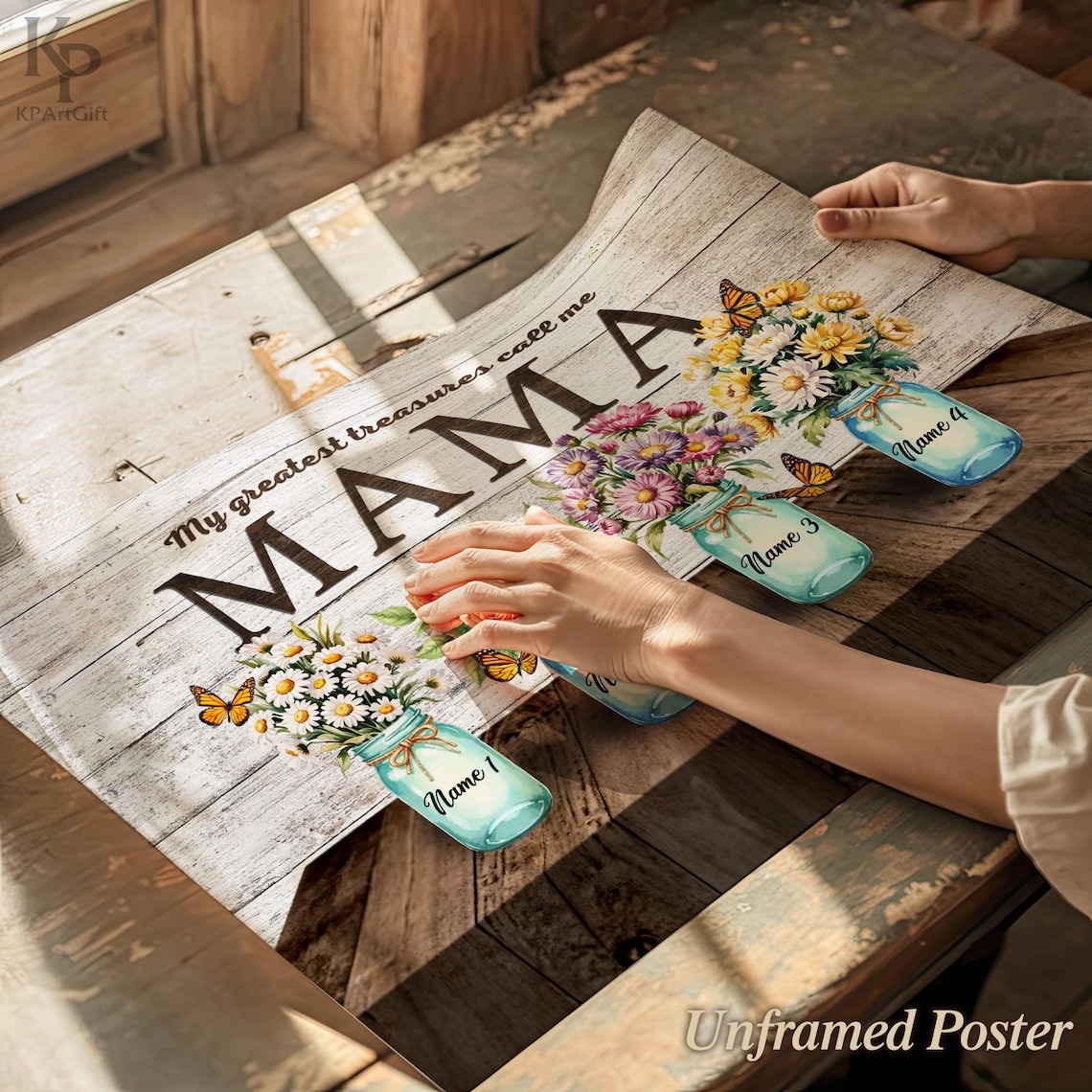Rustic Mama Canvas with Personalized Mason Jars and Flowers, Custom Name for Mom, Floral Gift for Mother's Day, Birthday
