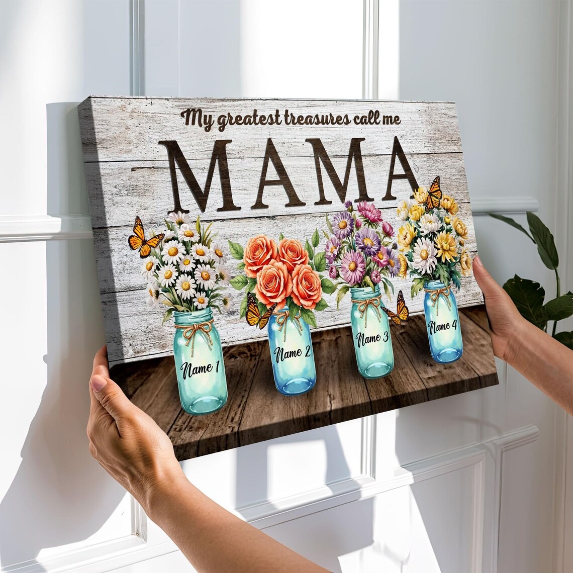 Rustic Mama Canvas with Personalized Mason Jars and Flowers, Custom Name for Mom, Floral Gift for Mother's Day, Birthday