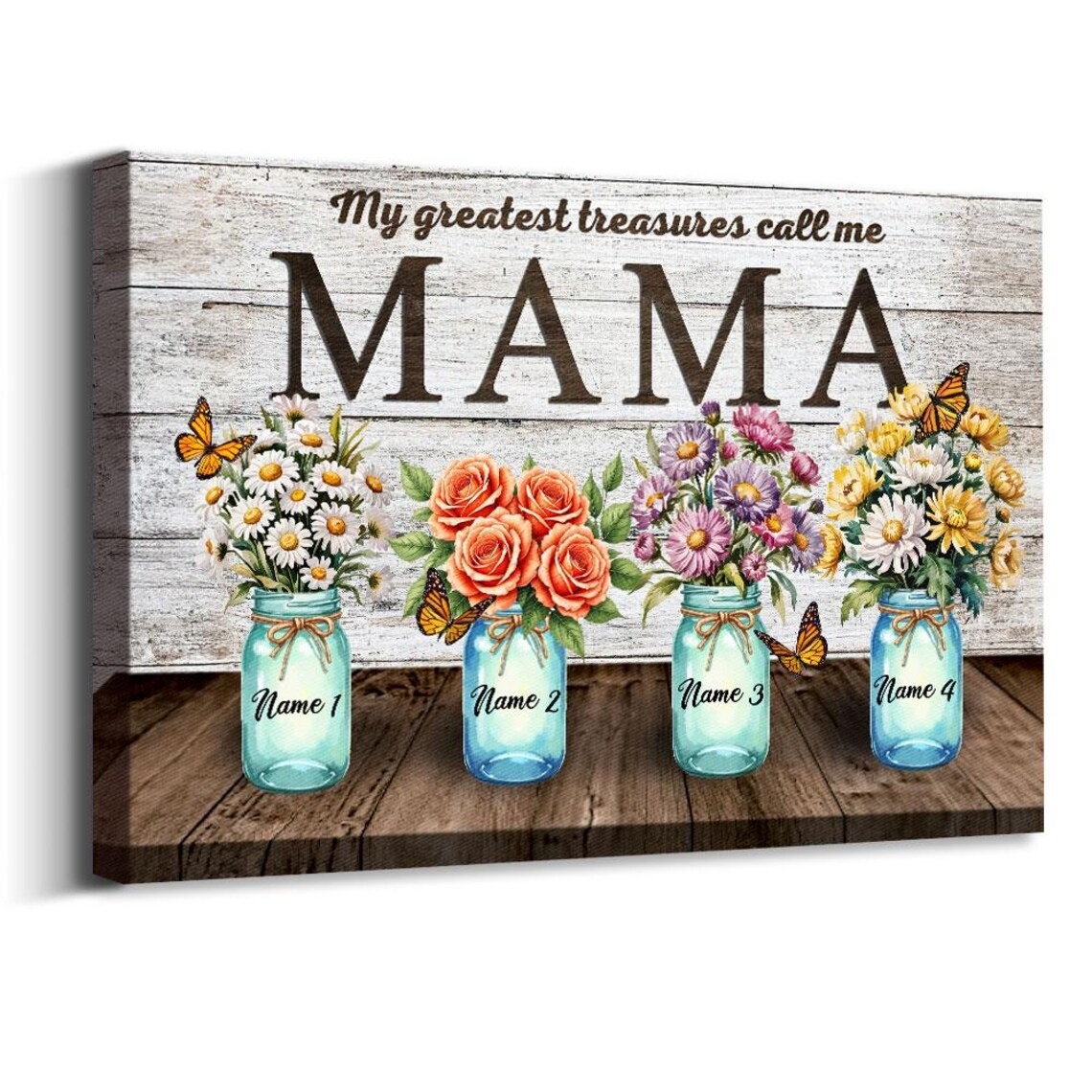 Rustic Mama Canvas with Personalized Mason Jars and Flowers, Custom Name for Mom, Floral Gift for Mother's Day, Birthday