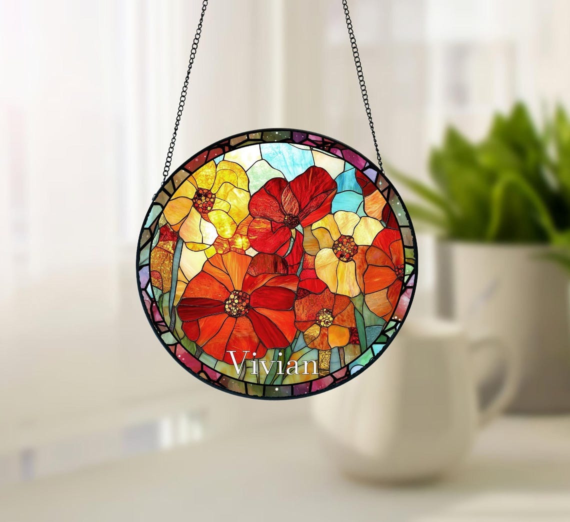 Personalized Birth Month Flower Stained Glass Suncatcher,Custom Flower Window Hanging,Valentines/Birthday Gift For Him/Her/Besties/Mom