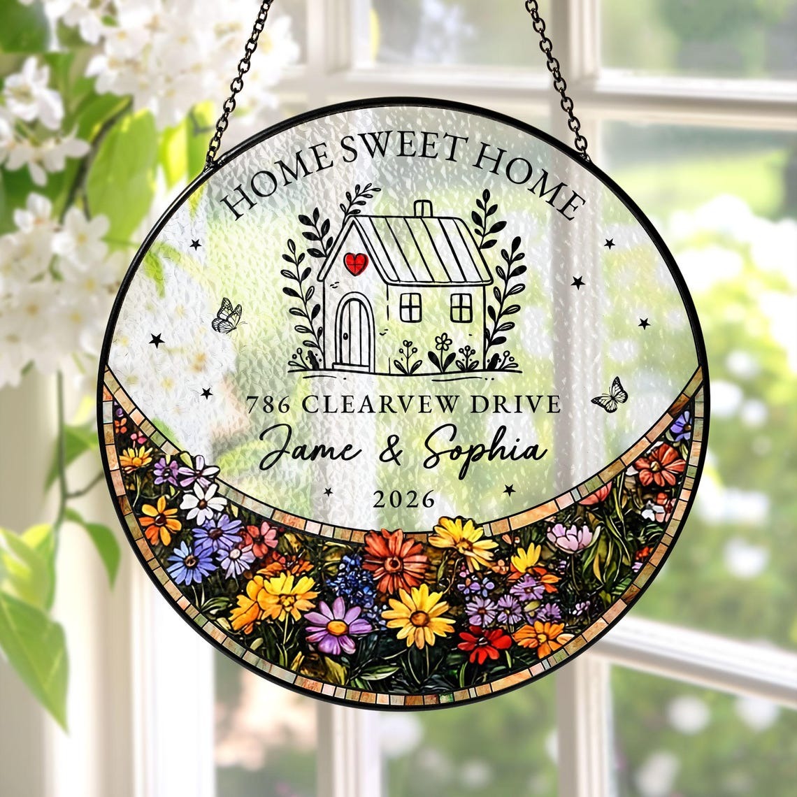 Personalized First Home Stained Glass Suncatcher, New Home Occasion Housewarming Gift For Moving In Friend, Realtor Keepsake