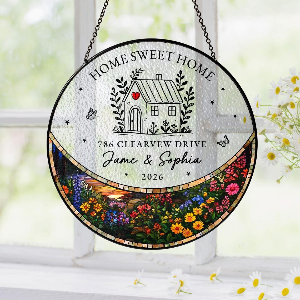 Personalized First Home Stained Glass Suncatcher, New Home Occasion Housewarming Gift For Moving In Friend, Realtor Keepsake
