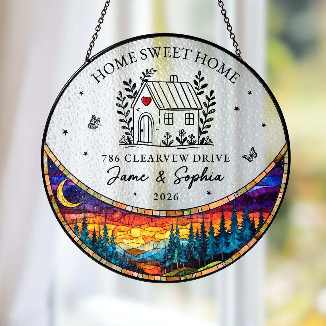 Personalized First Home Stained Glass Suncatcher, New Home Occasion Housewarming Gift For Moving In Friend, Realtor Keepsake
