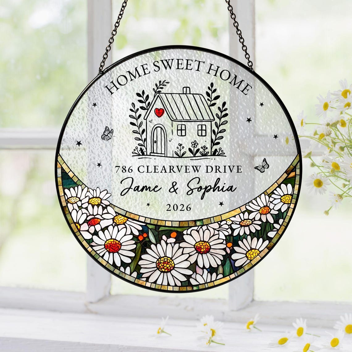 Personalized First Home Stained Glass Suncatcher, New Home Occasion Housewarming Gift For Moving In Friend, Realtor Keepsake