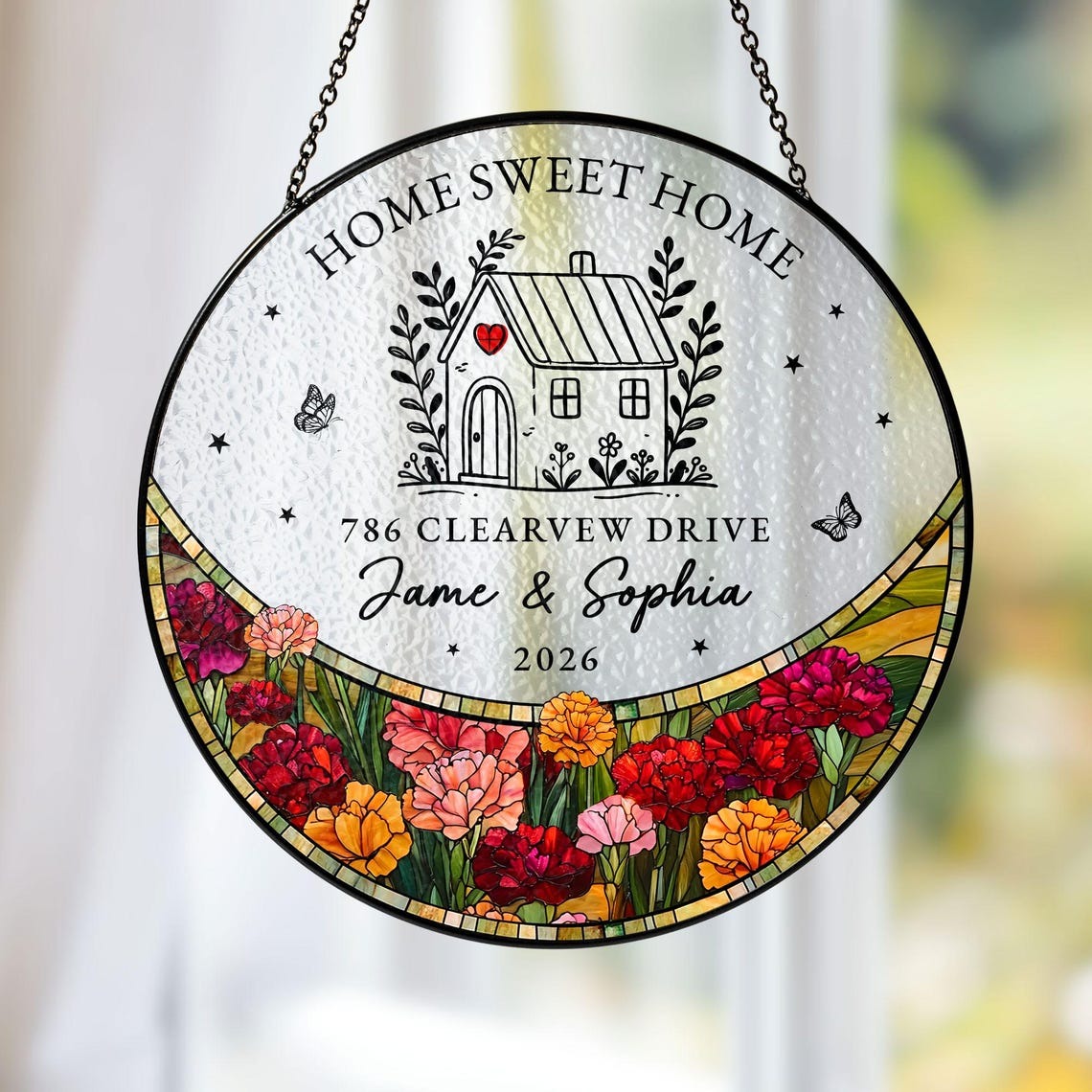 Personalized First Home Stained Glass Suncatcher, New Home Occasion Housewarming Gift For Moving In Friend, Realtor Keepsake