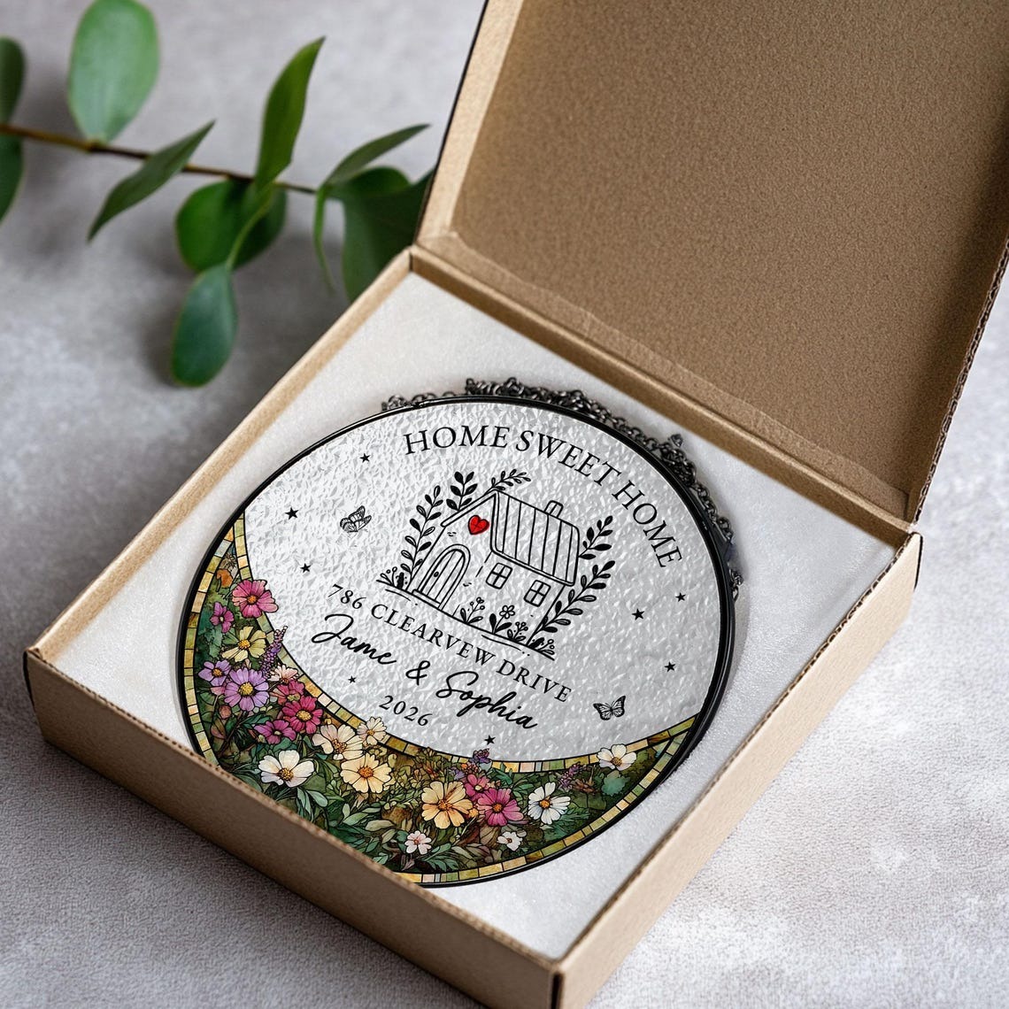 Personalized First Home Stained Glass Suncatcher, New Home Occasion Housewarming Gift For Moving In Friend, Realtor Keepsake