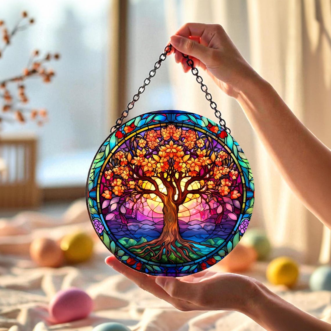 Tree Of Life Suncatcher, Vibrant Stained Glass Style Window Hanging, Colorful Sun Catcher Decoration, Unique Boho Home Decor Gift Suncatcher
