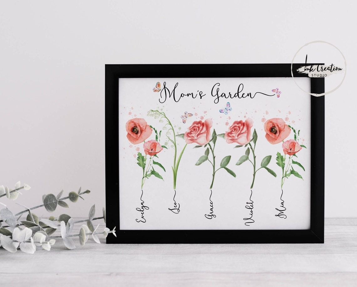 Custom Birth Month Flower Moms Garden Canvas, Personalized Family Name Canvas, Mother Day Gift With Kids Names, Unique Birthday Gift for Mom