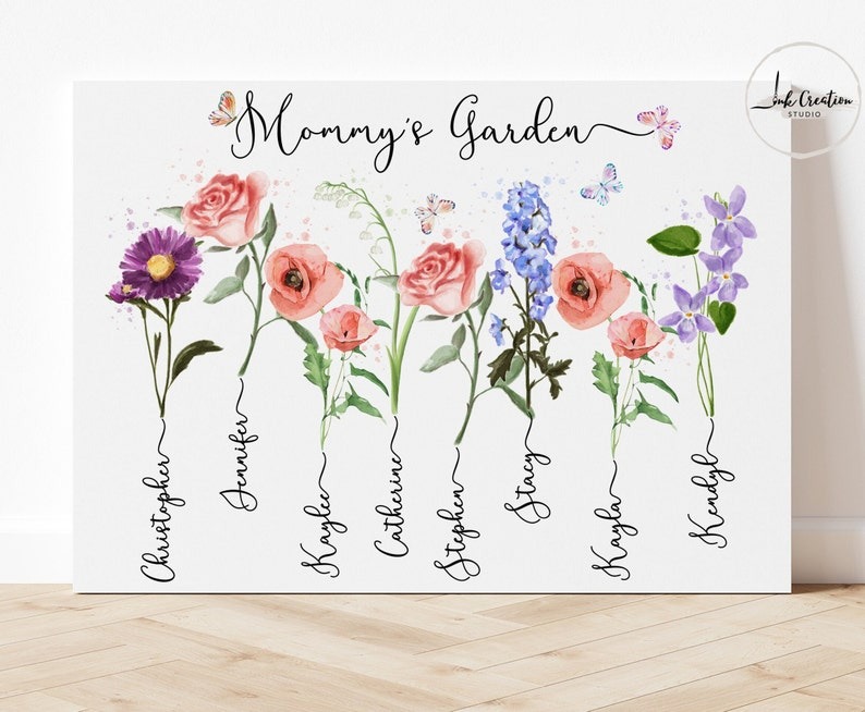 Custom Birth Month Flower Moms Garden Canvas, Personalized Family Name Canvas, Mother Day Gift With Kids Names, Unique Birthday Gift for Mom