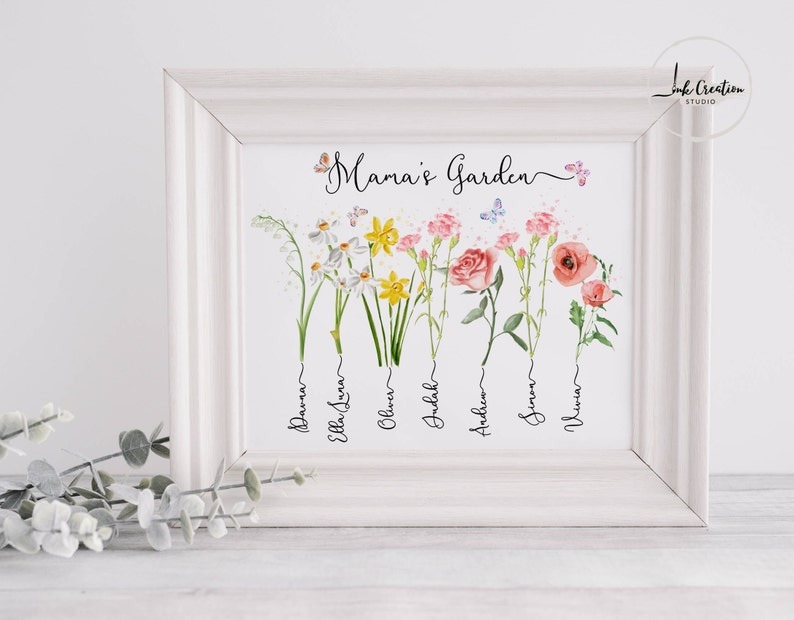 Custom Birth Month Flower Moms Garden Canvas, Personalized Family Name Canvas, Mother Day Gift With Kids Names, Unique Birthday Gift for Mom