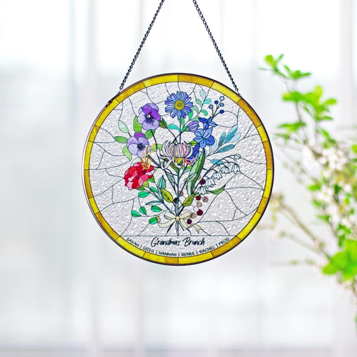 Family Birth Flower Bouquet Birth Month Flowers Personalized Stained Glass Window Hangings Personalized Birth Flower Gift Mothers Day Gift