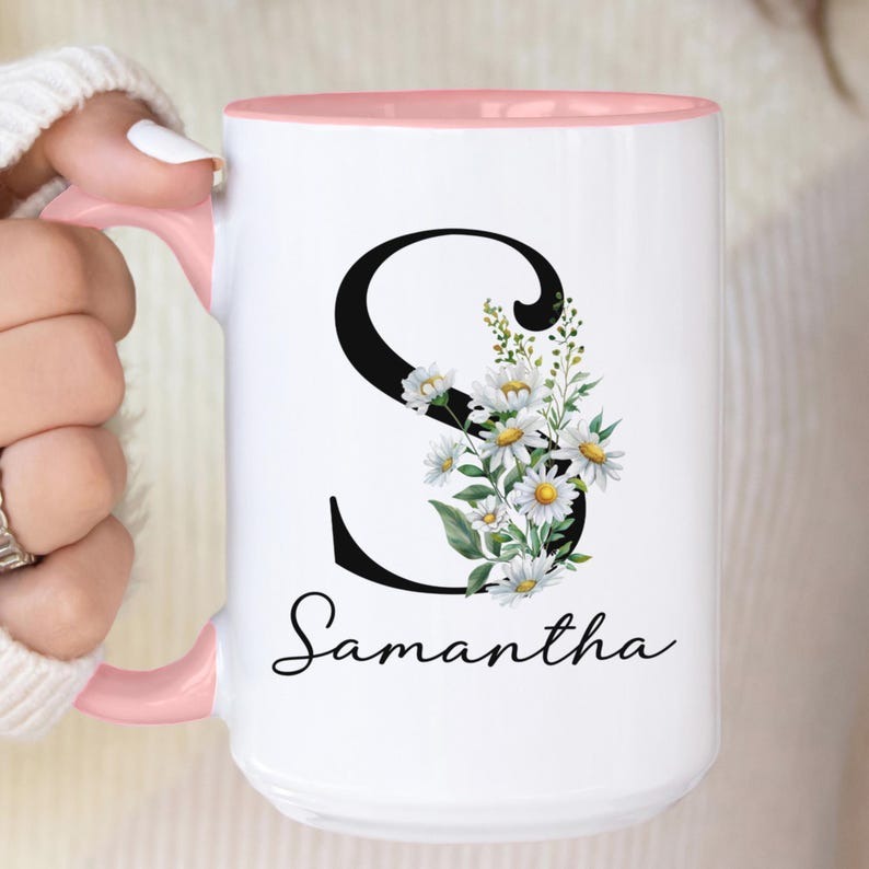 Mother’s Day Gift for Mom – Personalized Birth Flower Coffee Mug, Custom Name & Initial, June Rose Birth Month Cup