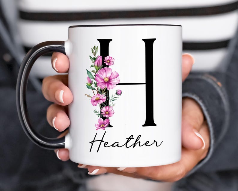 Mother’s Day Gift for Mom – Personalized Birth Flower Coffee Mug, Custom Name & Initial, June Rose Birth Month Cup