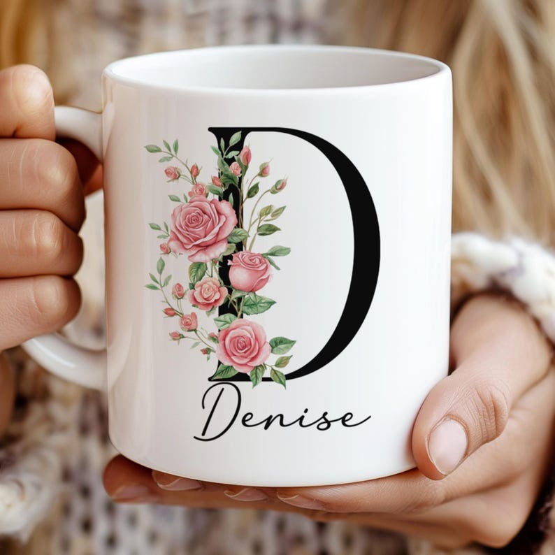 Mother’s Day Gift for Mom – Personalized Birth Flower Coffee Mug, Custom Name & Initial, June Rose Birth Month Cup