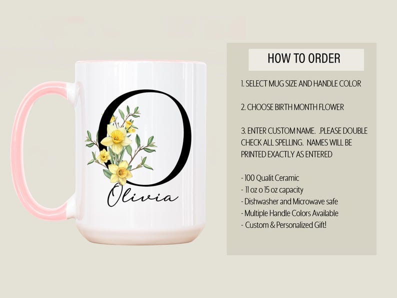 Mother’s Day Gift for Mom – Personalized Birth Flower Coffee Mug, Custom Name & Initial, June Rose Birth Month Cup