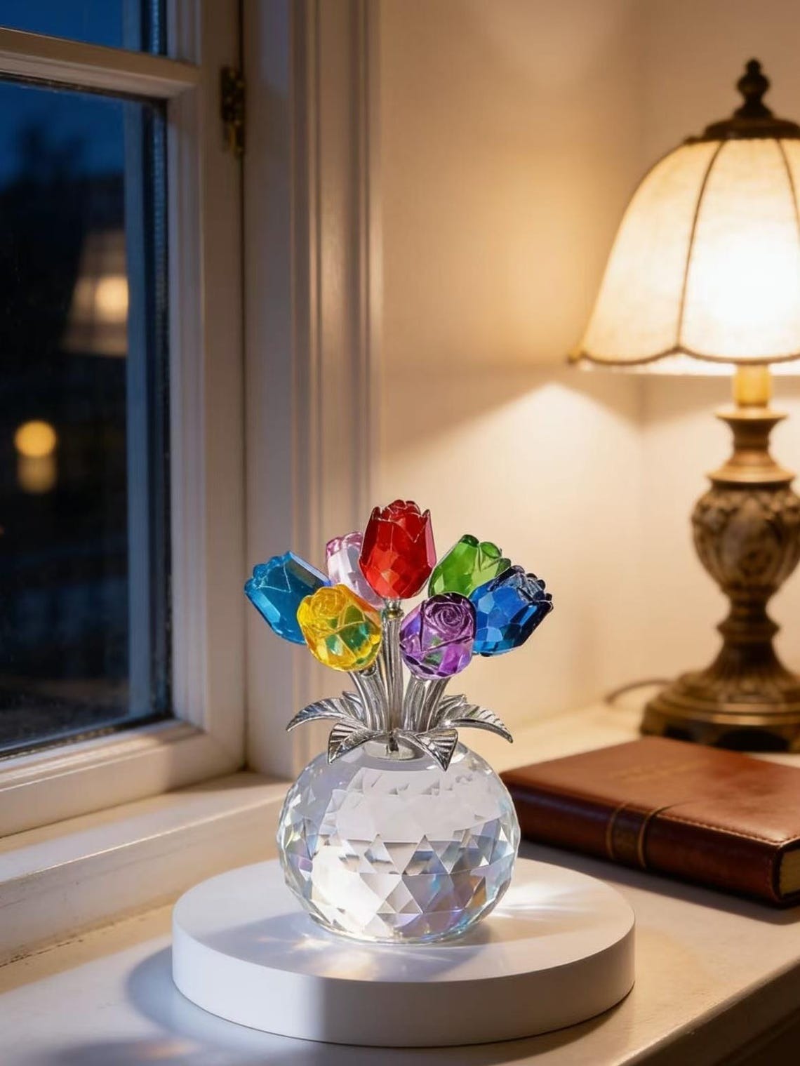 Hand-blown glass birthday flowers, glass roses in red, blue, purple and yellow, as gifts for mom, girlfriend and Valentine's Day