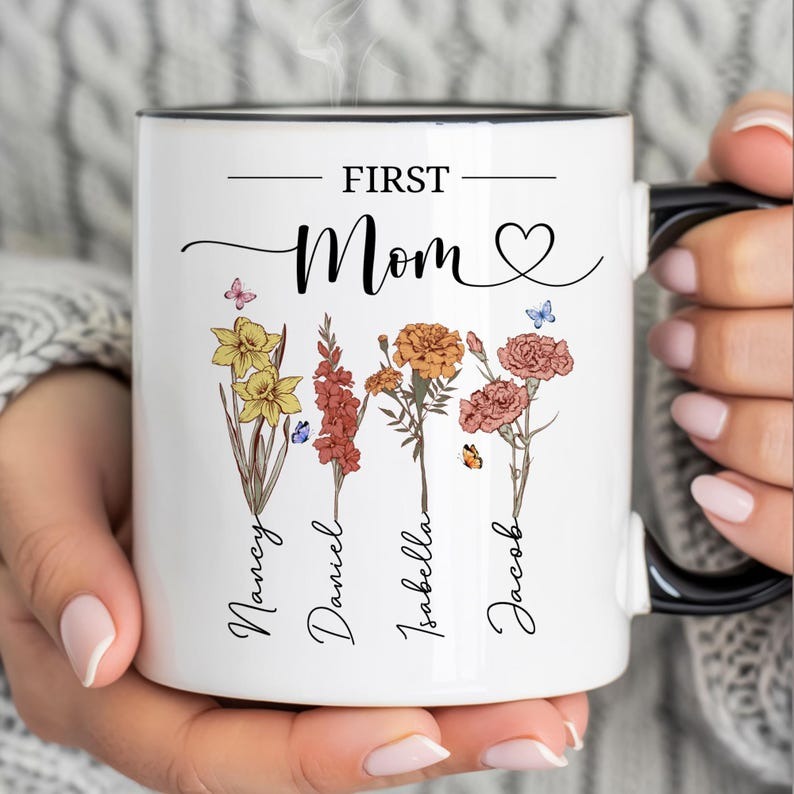 Personalized Grandma Mug with Birth Flowers, First Mom Now Grandma Coffee Mug, Custom Gift for Mom or Grandma