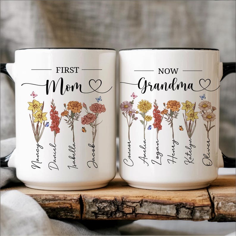 Personalized Grandma Mug with Birth Flowers, First Mom Now Grandma Coffee Mug, Custom Gift for Mom or Grandma
