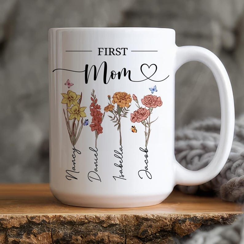 Personalized Grandma Mug with Birth Flowers, First Mom Now Grandma Coffee Mug, Custom Gift for Mom or Grandma
