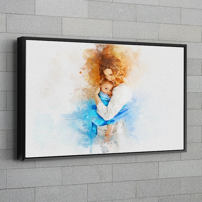 Custom Portrait Personalized Watercolor Illustration Mother and Son Watercolor Canvas Print Mother's Day Gift Anniversary Gift