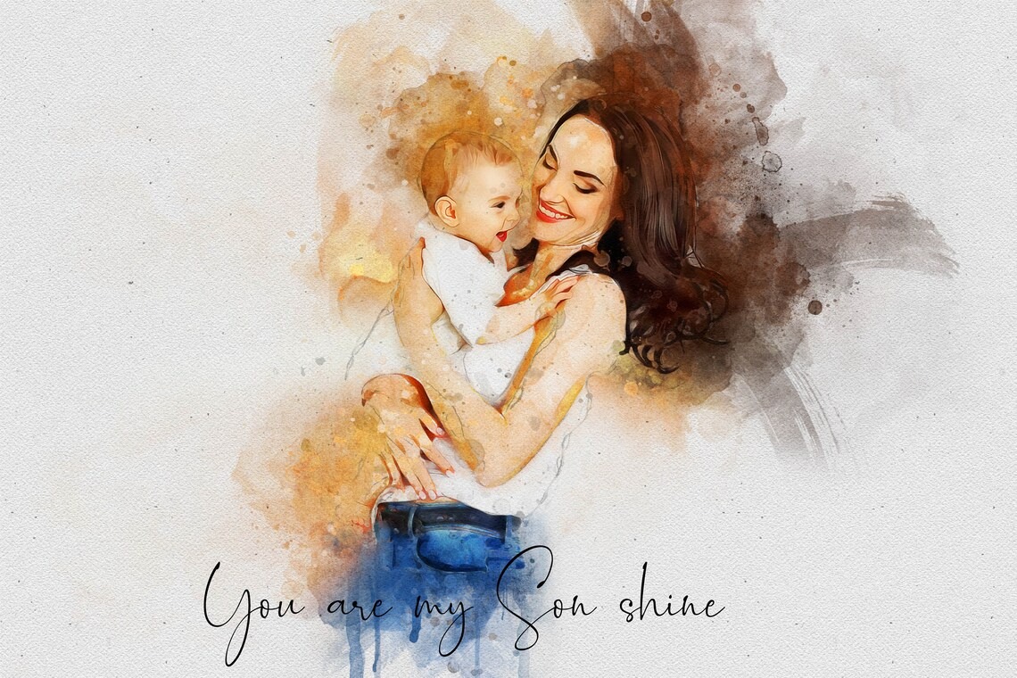 Custom Portrait Personalized Watercolor Illustration Mother and Son Watercolor Canvas Print Mother's Day Gift Anniversary Gift