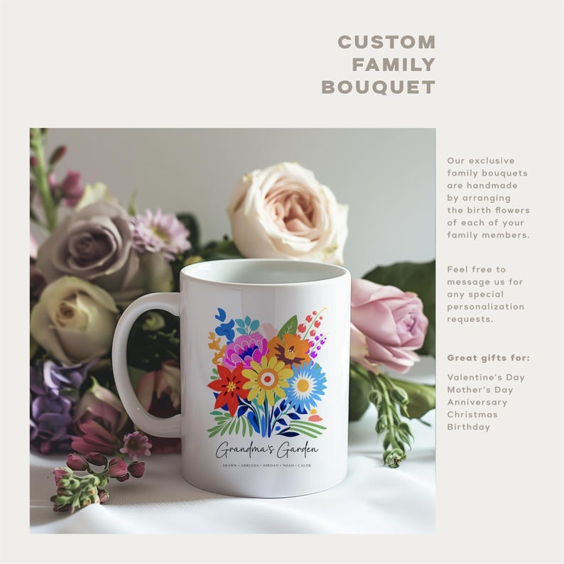 Personalized Birth Flower Mug, Family Bouquet Coffee Mug, Custom Mom or Grandma Gift, Mother’s Day Gift
