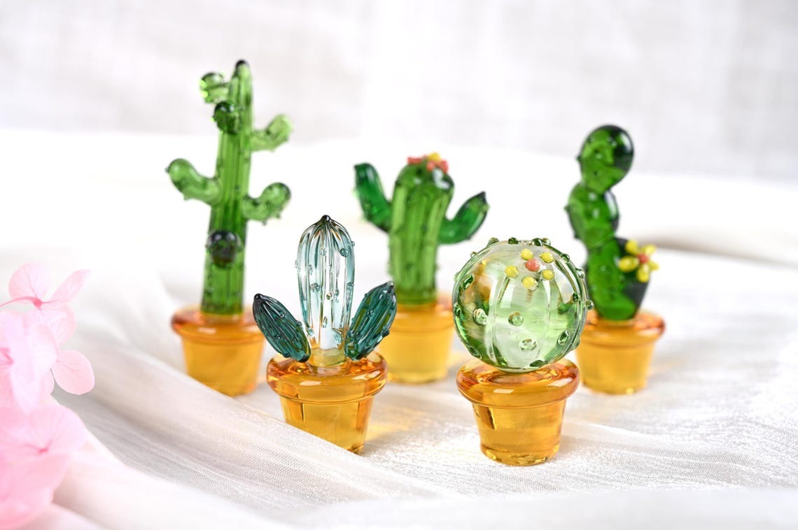 Handmade Glass Cactus Figurine | Mini Plant Desk Decor