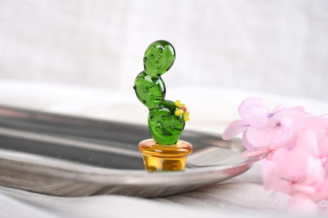Handmade Glass Cactus Figurine | Mini Plant Desk Decor