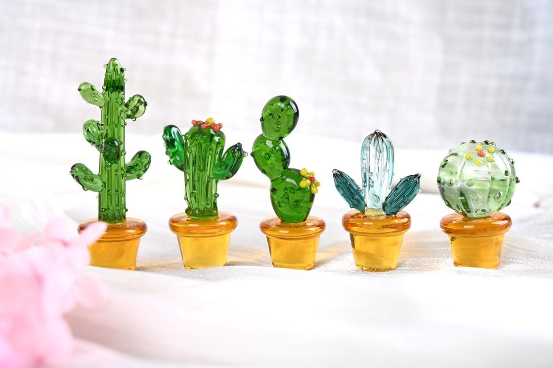 Handmade Glass Cactus Figurine | Mini Plant Desk Decor
